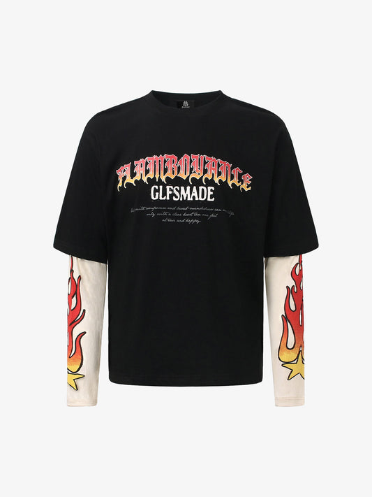 Gradient Letter Print Patchwork Faux Two-piece Long-sleeved T-shirt