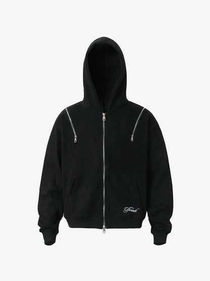 Suede Double-Ended Zippered Cropped Hooded Jacket