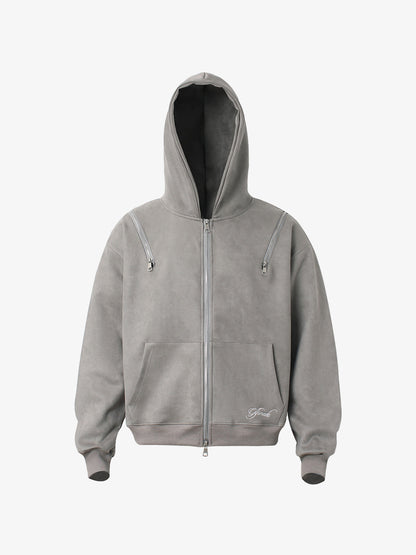 Suede Double-Ended Zippered Cropped Hooded Jacket