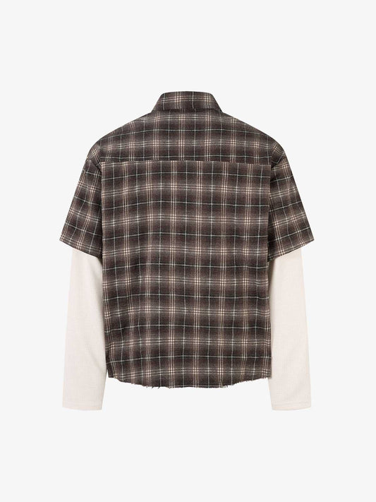 Street Faux Two-piece Damaged Plaid Long-sleeved Shirt