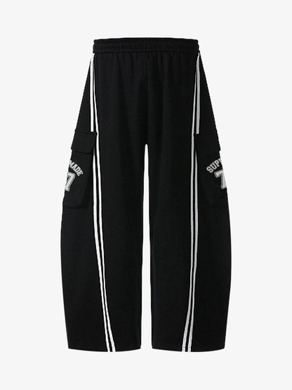 Cotton Web Stitching Letter Print Drawstring Barrel Pants