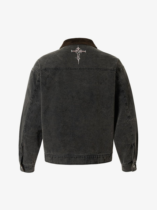 Washed And Distressed Dark Graffiti Patchwork Jacket