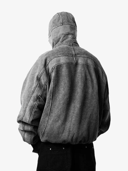 Thesupermade Retro Hip-hop Washed Distressed Deconstructed Design Zipper Hooded Cardigan Sweatshirt Jacket