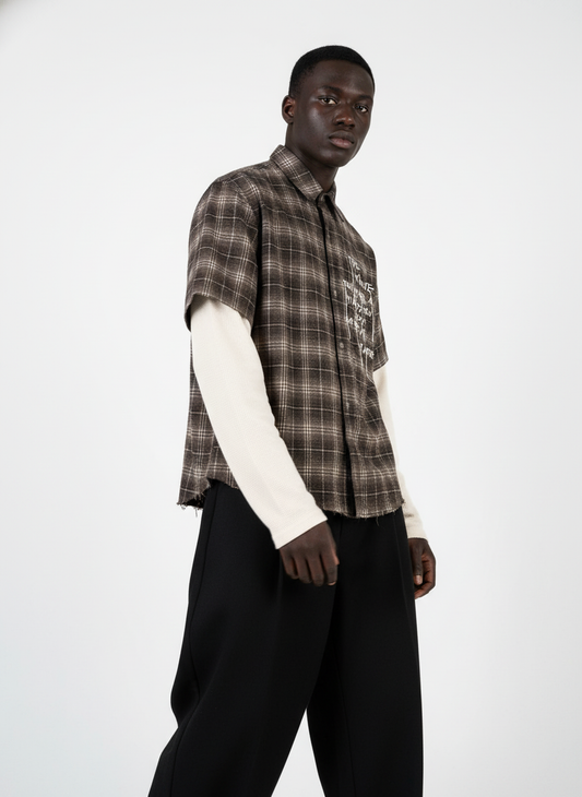 Cotton Street Distressed Plaid Faux Two-Piece Shirt