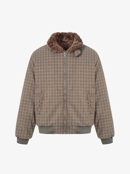 Plaid Bomber Jacket with Faux Fur Collar - Perfect for Casual Winter Wear
