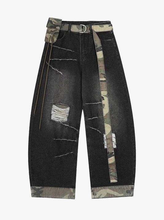 Distressed Camo-Trimmed Denim Trousers with Adjustable Waist