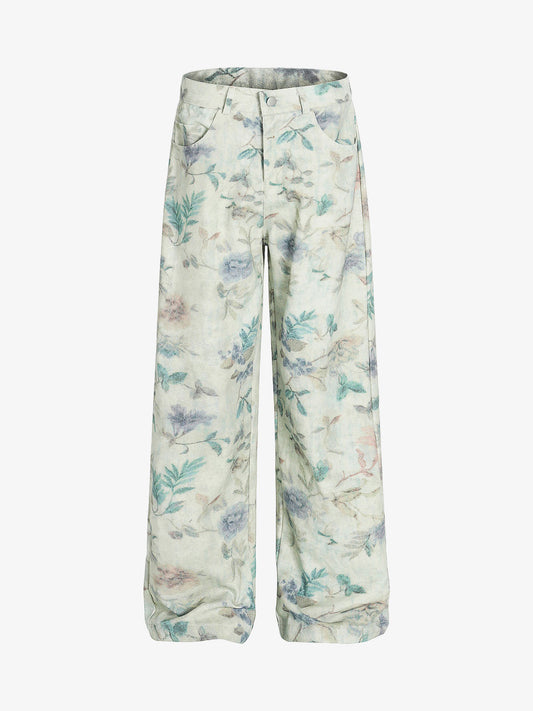 Vintage Floral Print Straight Jeans
