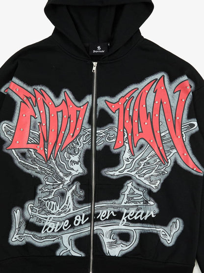 Retro Gothic Print Rhinestone Zip-Up Hoodie