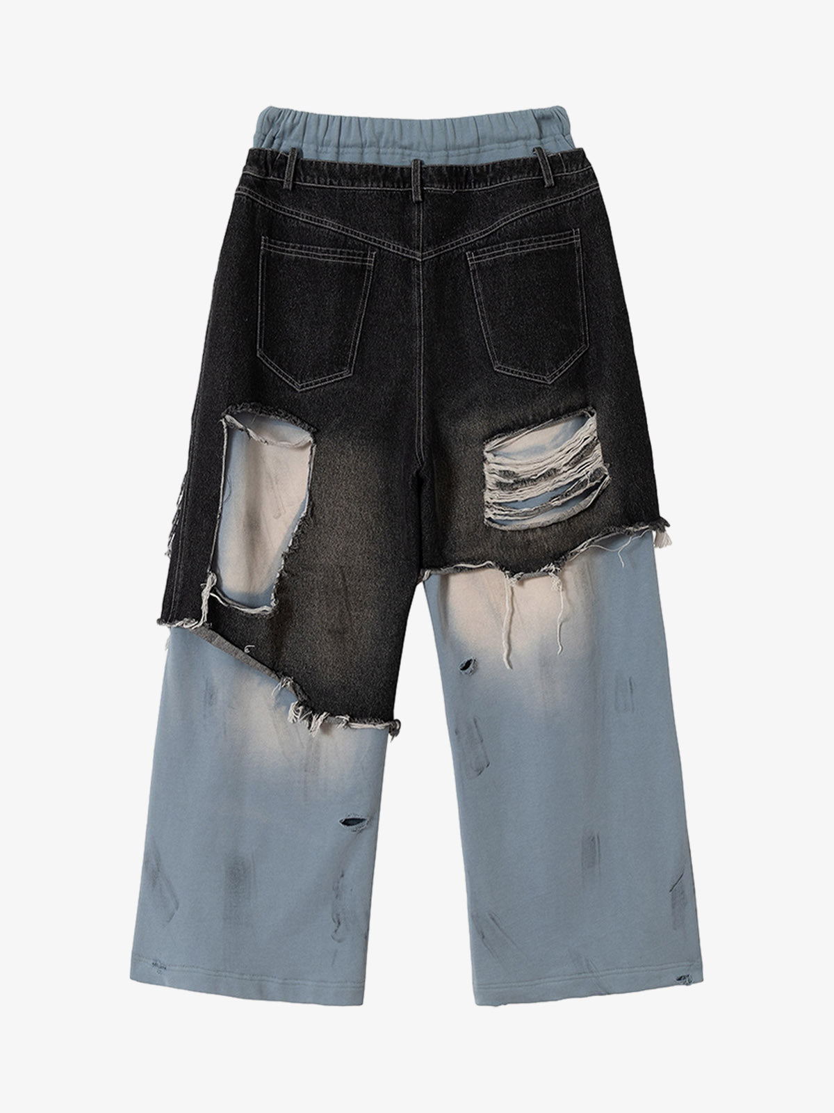 Thesupermade Double-waistband Denim Patchwork Ripped Casual Pants