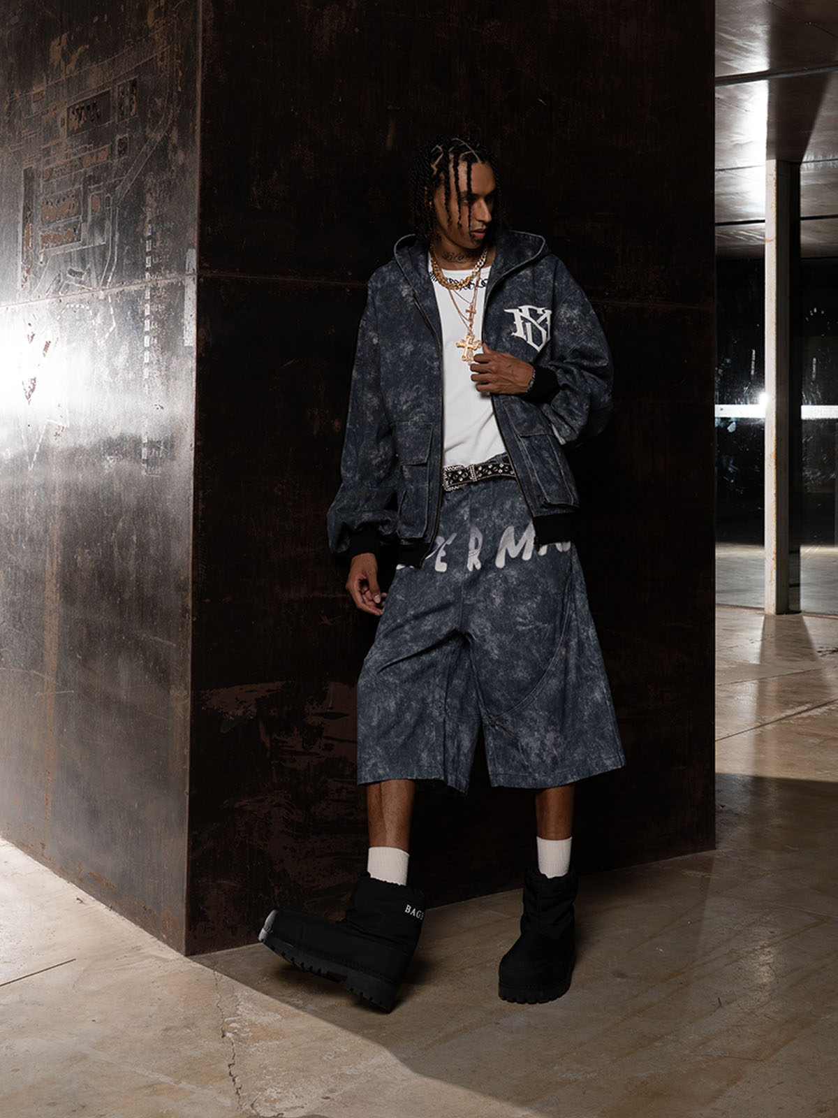Oversized Denim Hoodie And Shorts Set For Urban Streetwear