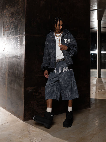 Oversized Denim Hoodie And Shorts Set For Urban Streetwear