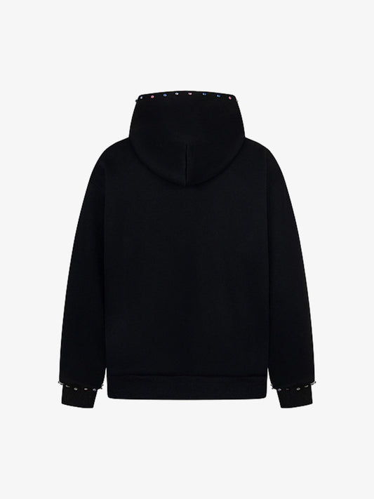 Retro Diamond Beaded Letter Zip Hooded Sweatshirt