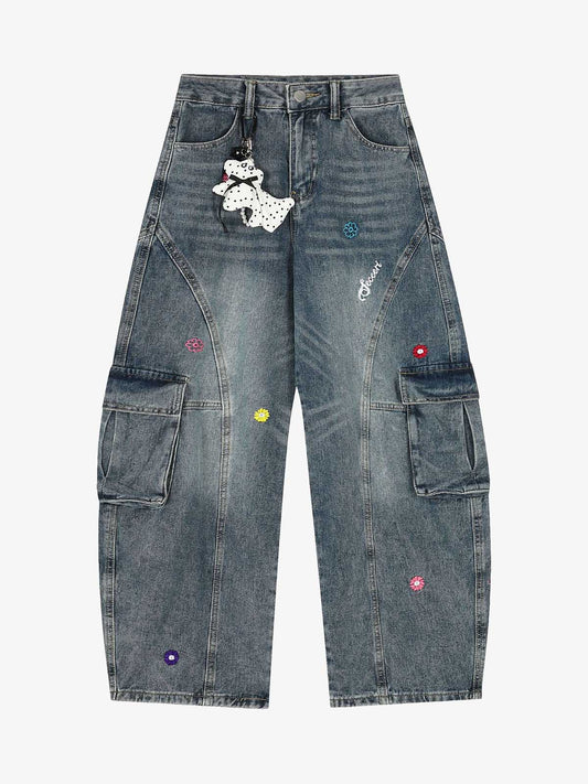 Vintage Embroidered washed Workwear Doll-Decorated Scimitar Jeans