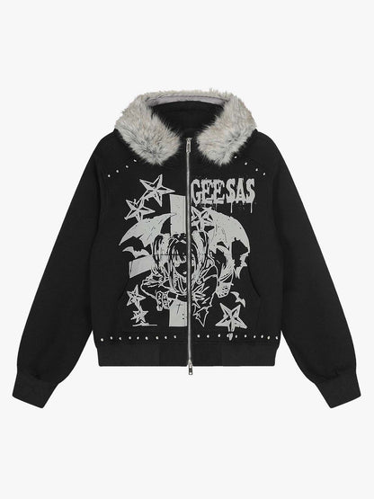 Retro Fur Collar Cartoon Pattern Zipper Hooded Sweatshirt