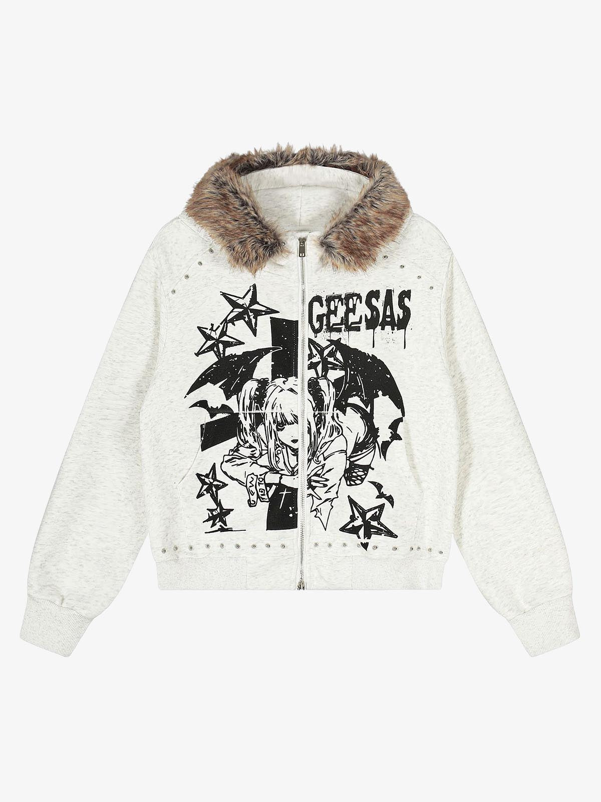Retro Fur Collar Cartoon Pattern Zipper Hooded Sweatshirt