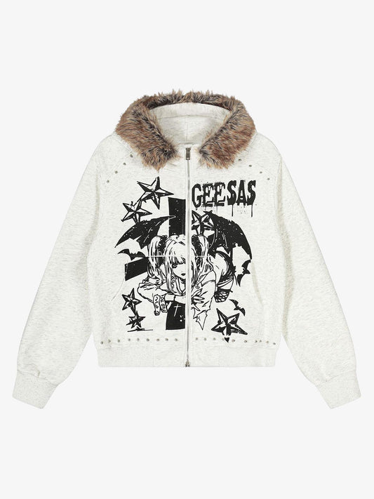 Retro Fur Collar Cartoon Pattern Zipper Hooded Sweatshirt