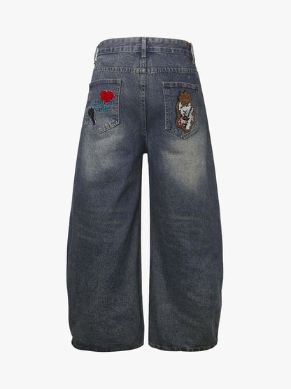 Retro Cartoon Graphic Heavy Embroidery Denim Jeans