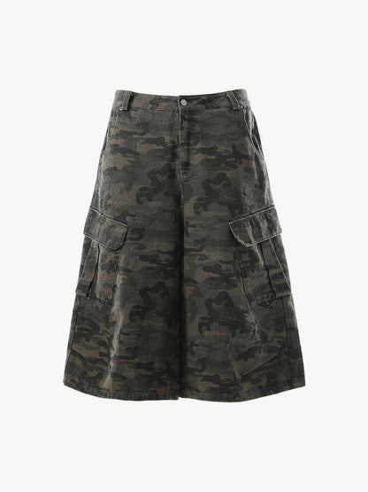 Vintage Washed Camouflage Machete Wide Leg Cargo Shorts
