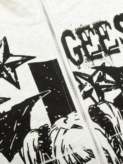 Retro Fur Collar Cartoon Pattern Zipper Hooded Sweatshirt