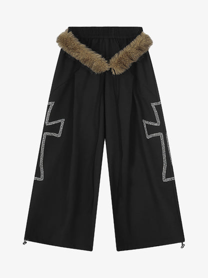 Detachable Fur Collar Drawstring Wide-Leg Pants