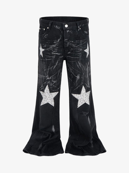 Heavily Washed Star Diamond Flared Jeans