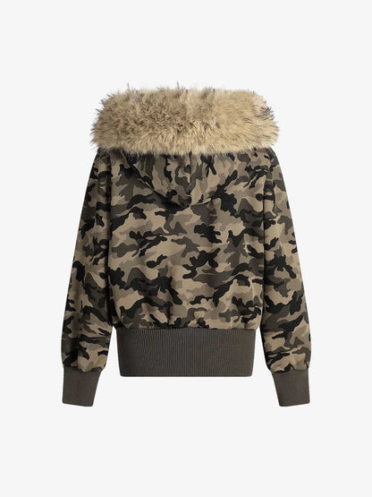 Camouflage Embroidery Patchwork Cardigan Fur Collar Hooded Sweatshirt
