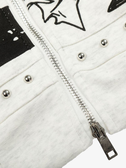 Retro Fur Collar Cartoon Pattern Zipper Hooded Sweatshirt