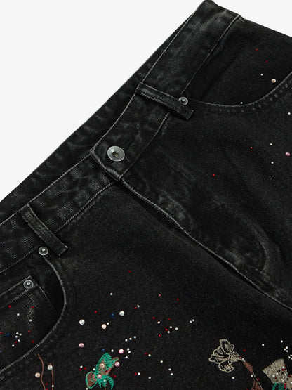 Vintage Floral Embroidery Rhinestone Straight Jeans
