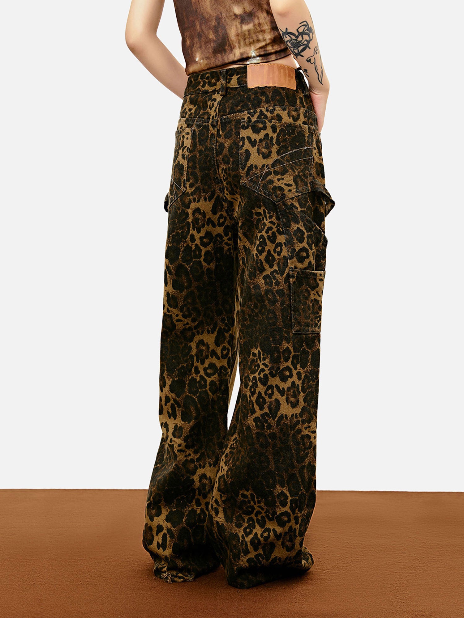 Thesupermade Patchwork Workwear Logging Straight-leg Leopard Print Casual Pants