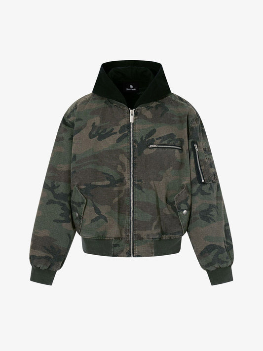 Camouflage Bomber Jacket with Detachable Hood - Perfect for Casual and Outdoor Adventures
