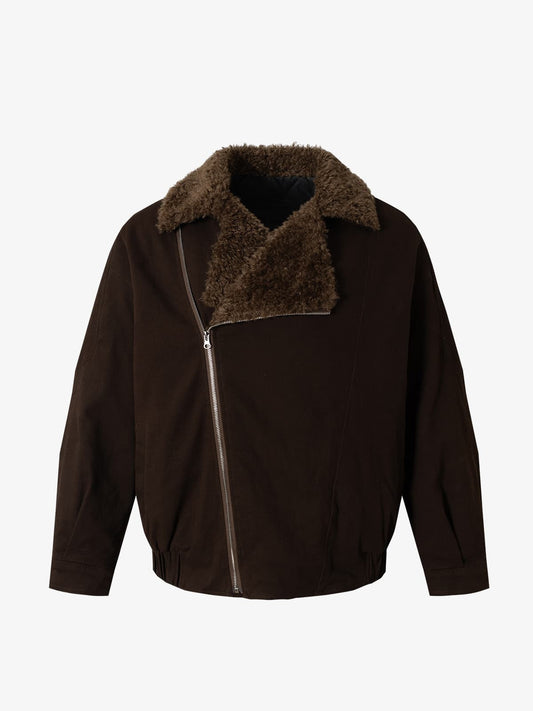 Thesupermade Oblique Zipper Design Lambswool Collar Quilted Jacket