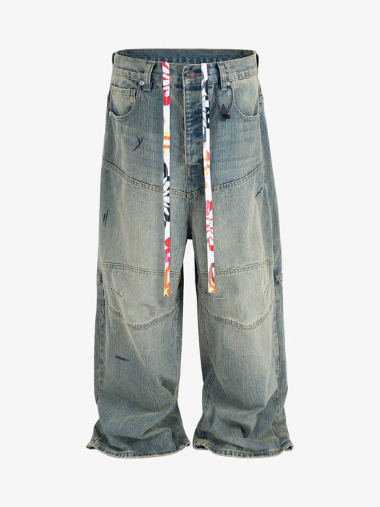 Wide-Leg Denim Trousers with Unique Tie Detail for Fashionable Comfort