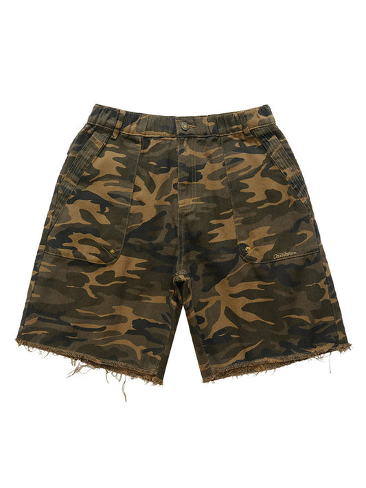 Camouflage Raw Edge Embroidered Cargo Shorts