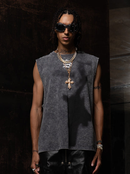 Cross-Print Distressed Washed Vest