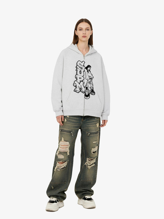 Street Graffiti Character Double-Sided Print Zip-Up Hooded Sweatshirt