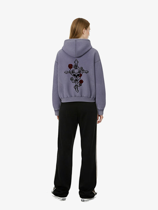 Vintage Washed Rose Wrapped Skull Cross Zip Hoodie