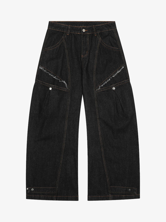 Wide-Leg Denim Trousers with Distressed Pockets and Functional Design