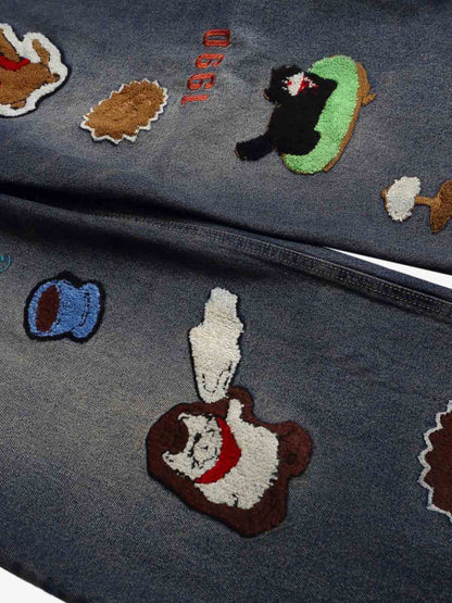 Unique Embroidered Wide-Leg Jeans with Quirky Patches for Fashion Lovers