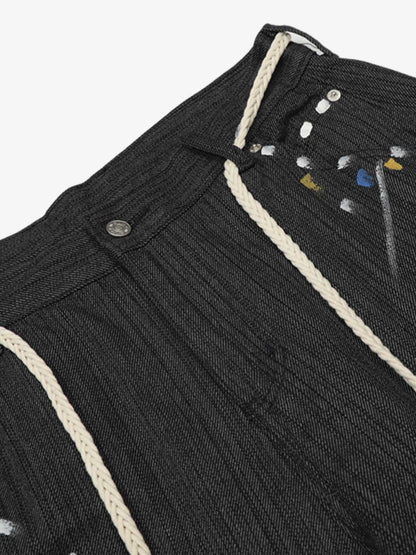 Stylish Wide-Leg Trousers with Artistic Embroidery and Adjustable Drawstrings