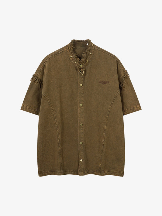Rivet Deconstructed Split Stitching Denim Short-sleeved Shirt