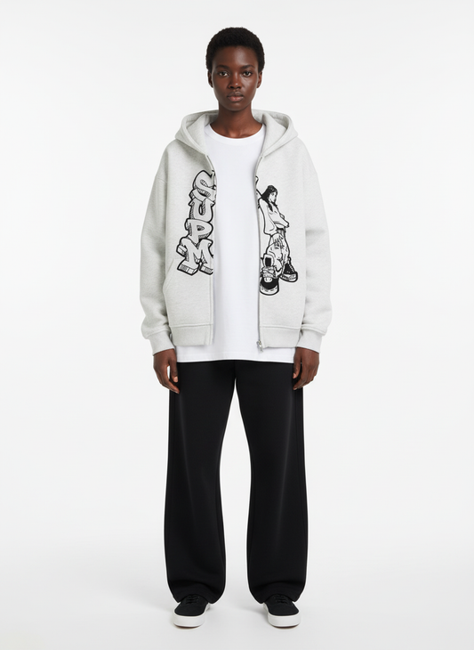 Street Graffiti Character Double-Sided Print Zip-Up Hooded Sweatshirt
