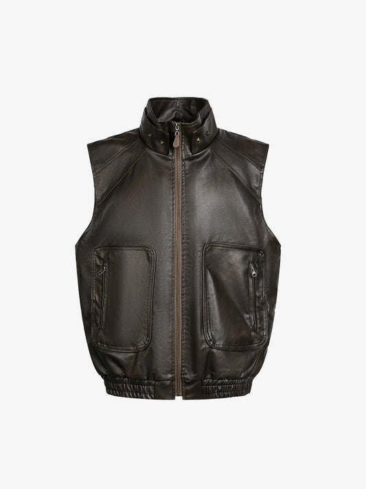 Thesupermade American Retro PU Leather Stand Collar Workwear Motorcycle Vest