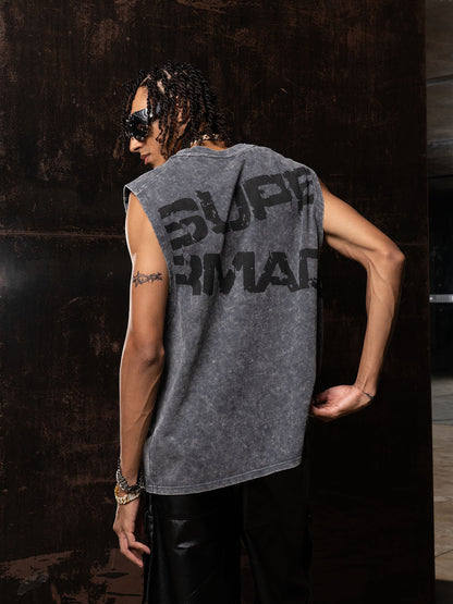 Cross-Print Distressed Washed Vest