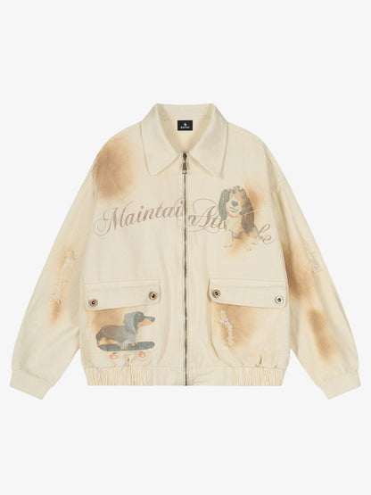 Distressed Graphic Jacket with Unique Dog Illustrations