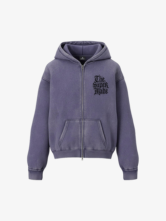 Streetwear Washed Distressed Double Zipper Sketch Skull Clock Graphic Hoodie