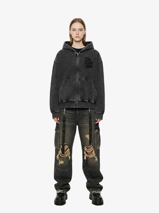 Washed Sketch Skull Clock Graphic Streetwear Hooded Sweatshirt