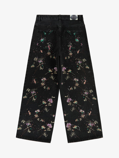 Vintage Floral Embroidery Rhinestone Straight Jeans