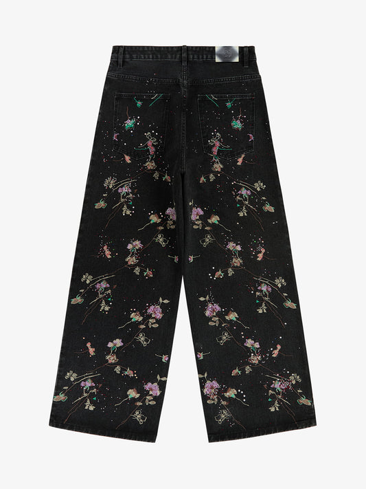 Vintage Floral Embroidery Rhinestone Straight Jeans