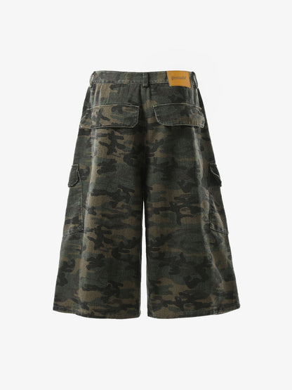 Vintage Washed Camouflage Machete Wide Leg Cargo Shorts