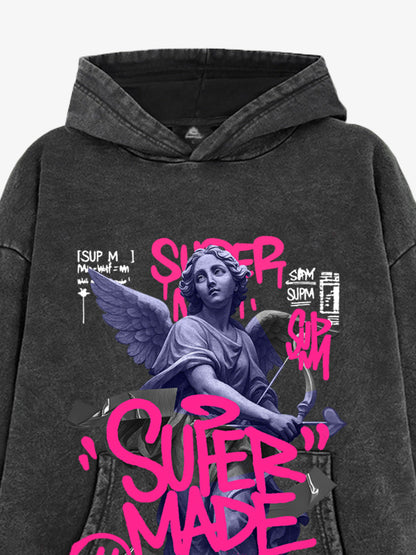 Pink Letter Graffiti Angel Print Hooded Sweatshirt